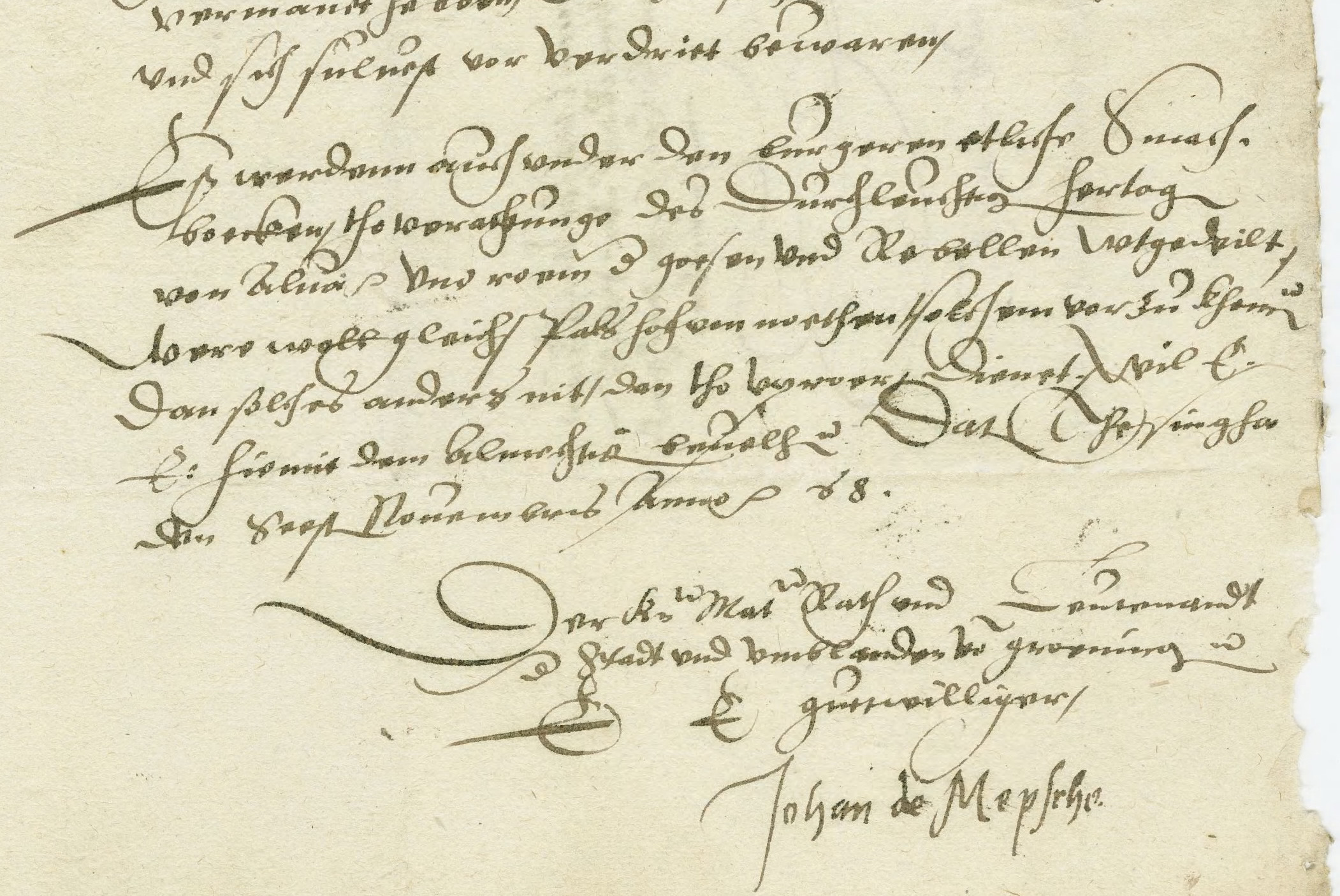 Op 6 november 1568 stuurt Johan de Mepsche een brief naar de Ommelander landdag. Met handtekening van Johan de Mepsche.
Bron: RHC GA. [13]
